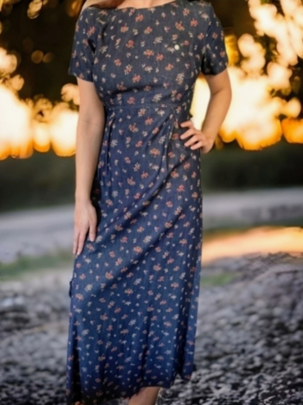 Liz Claiborne Navy Floral Short-Sleeve Maxi Dress